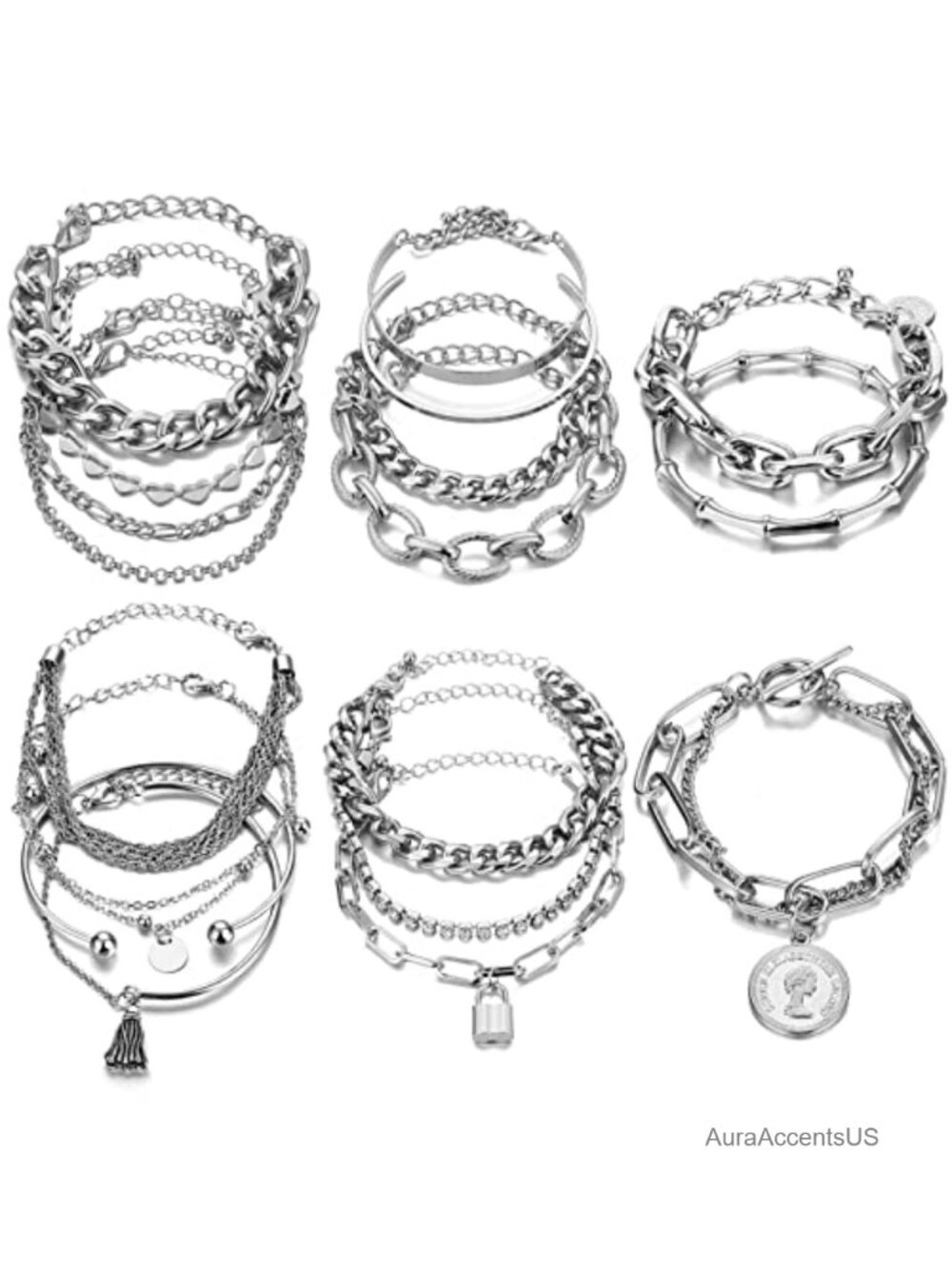 18-Piece Gold & Silver Stackable Bracelet Set for Women - Chunky Link Bangles